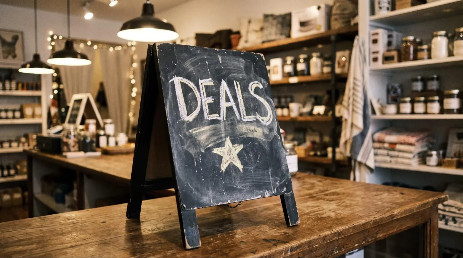 Chalkboard deals sign on a wooden shop counter