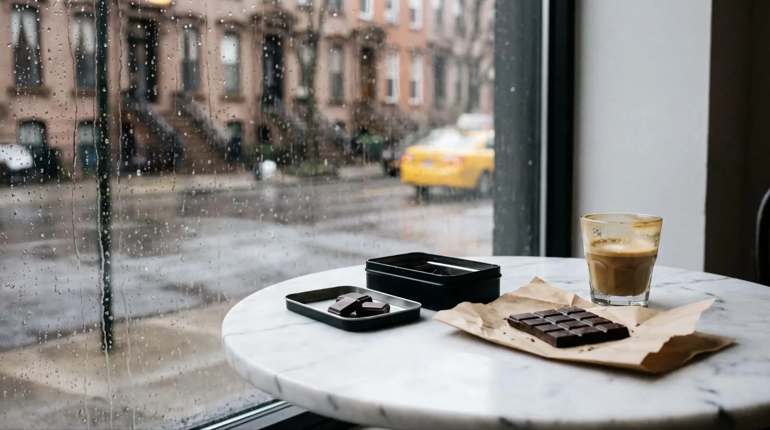 Cannabis chocolate and a cortado on a marble cafe table on a rainy Brooklyn day