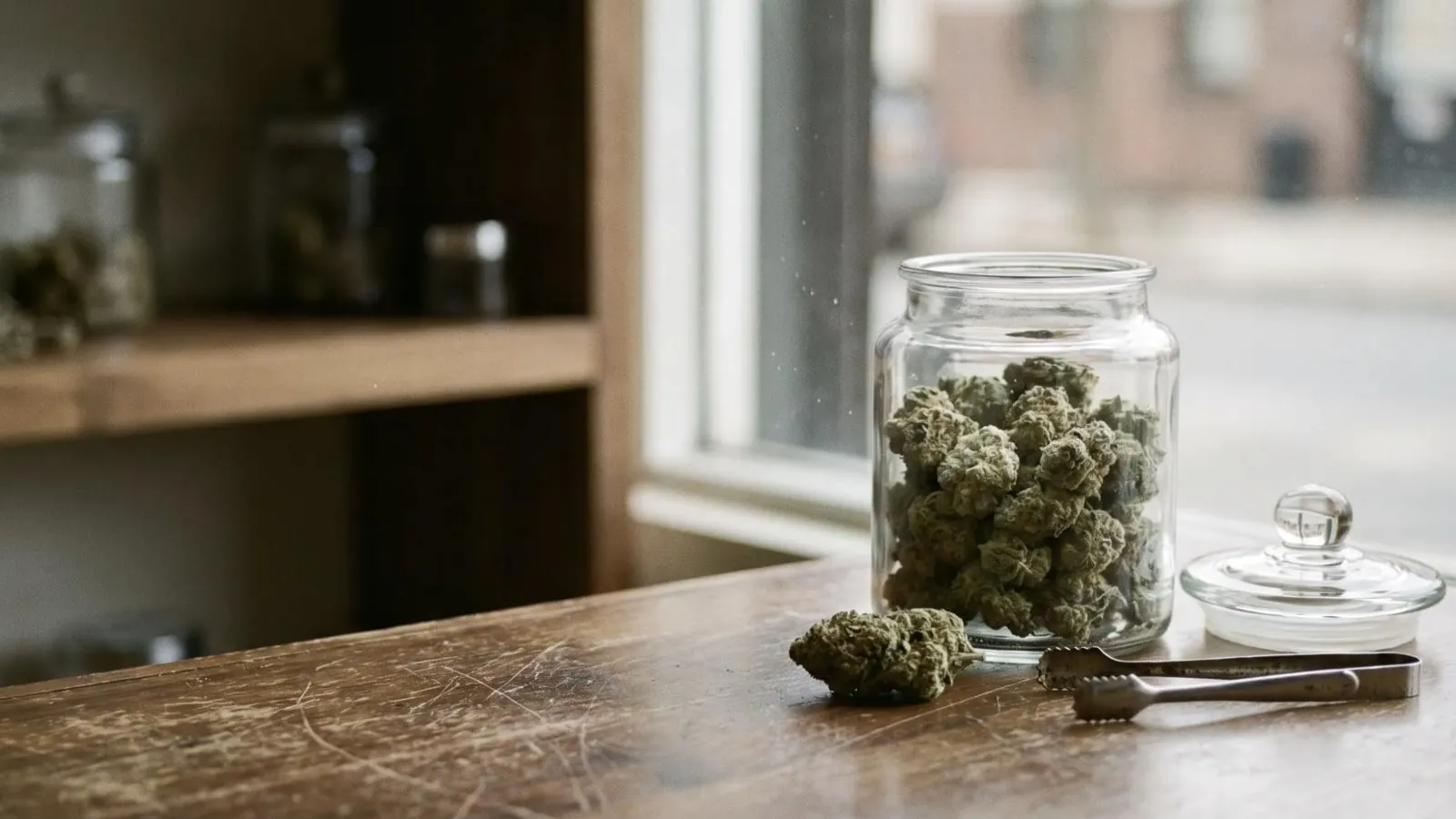 Glass jar of cannabis flower on a wooden counter by the shop window