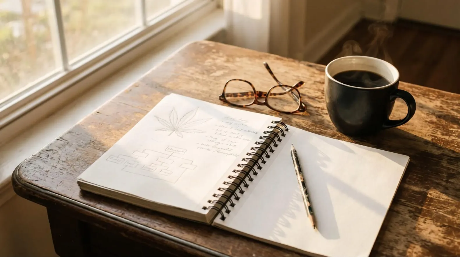 Notebook with cannabis leaf sketches, reading glasses and coffee