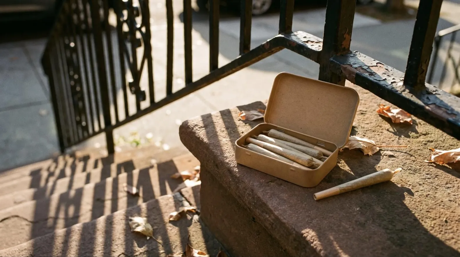 Tin of pre-rolls on a sunny Brooklyn brownstone stoop