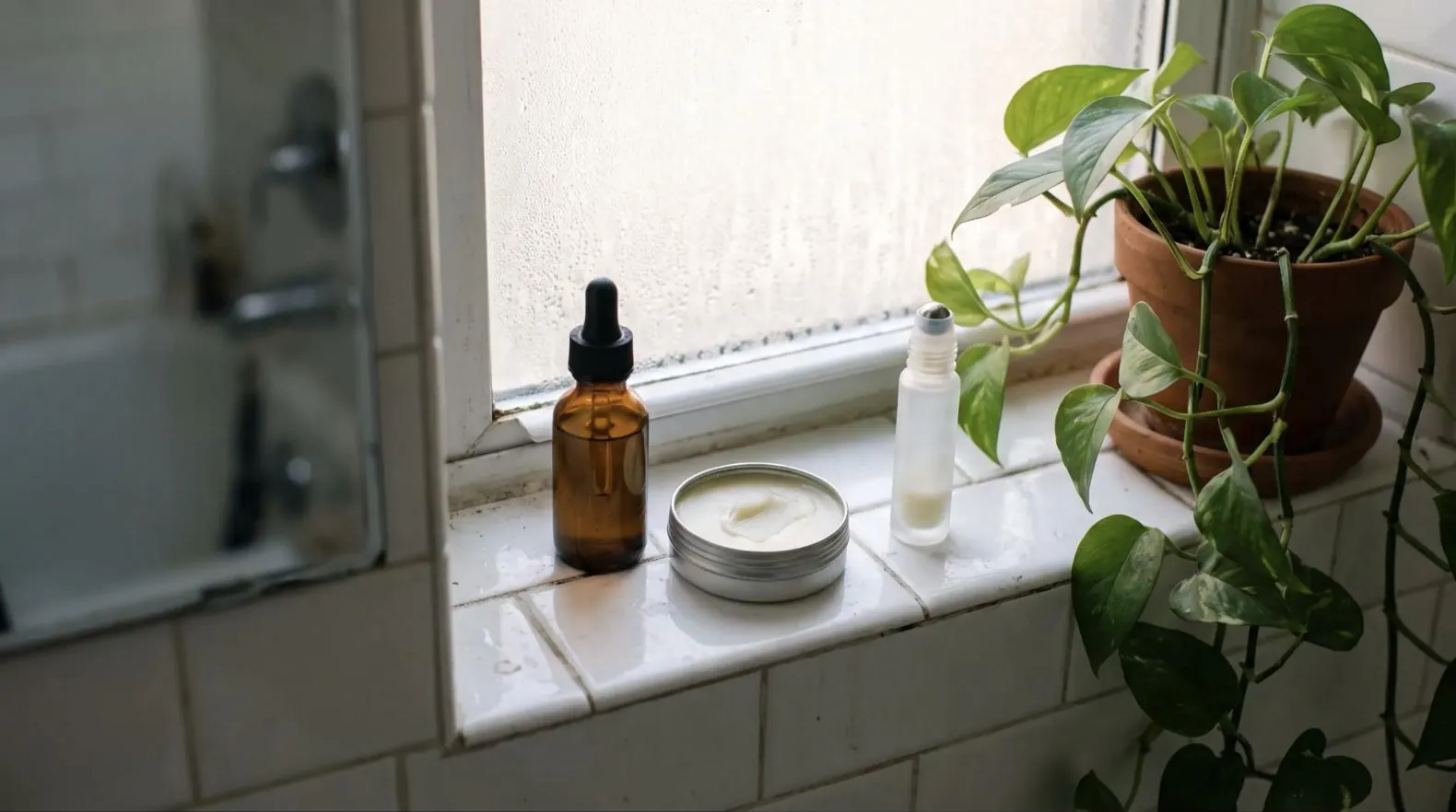 Tincture dropper, balm tin and roll-on on a subway-tile windowsill