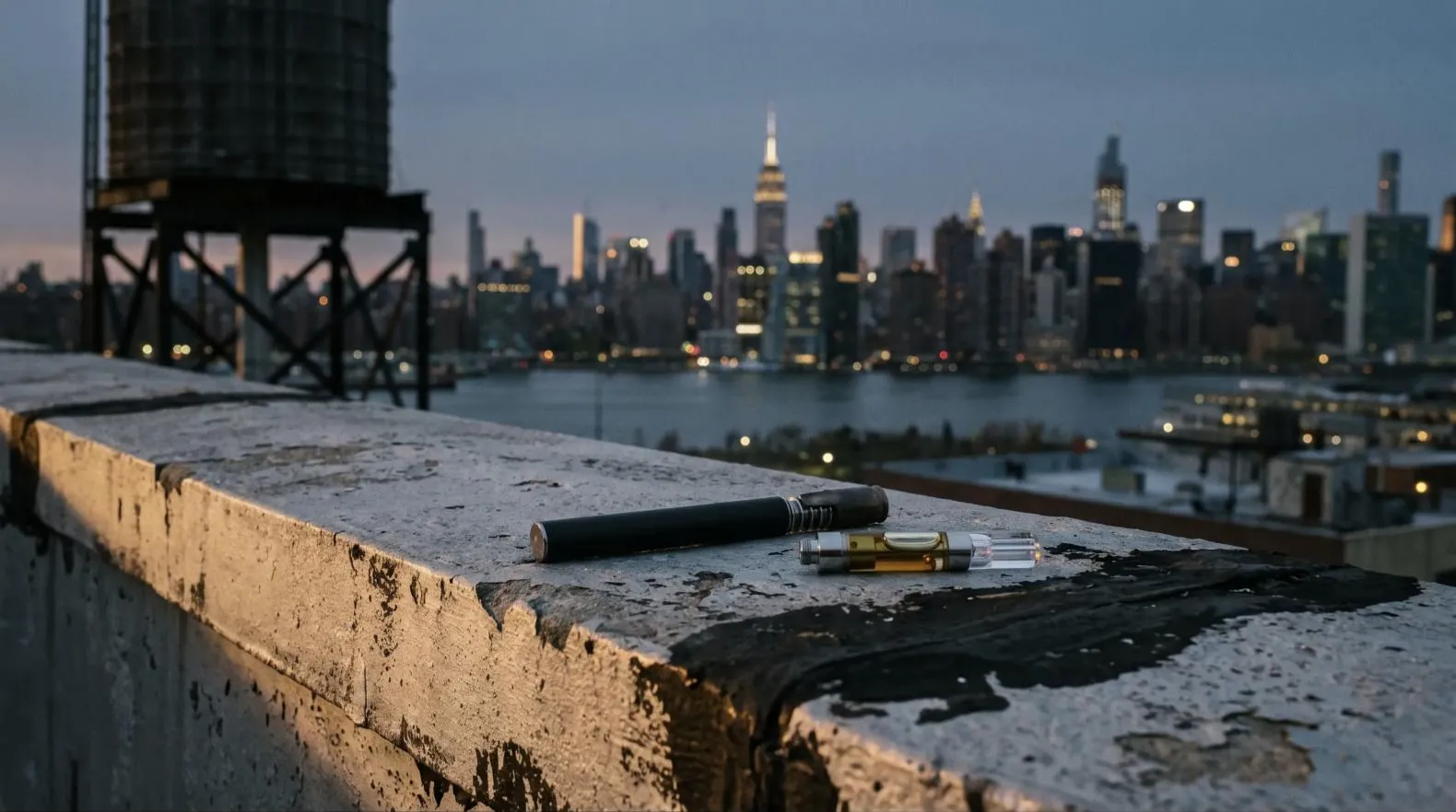 Vape pen and cartridge on a Brooklyn rooftop with the Manhattan skyline at dusk